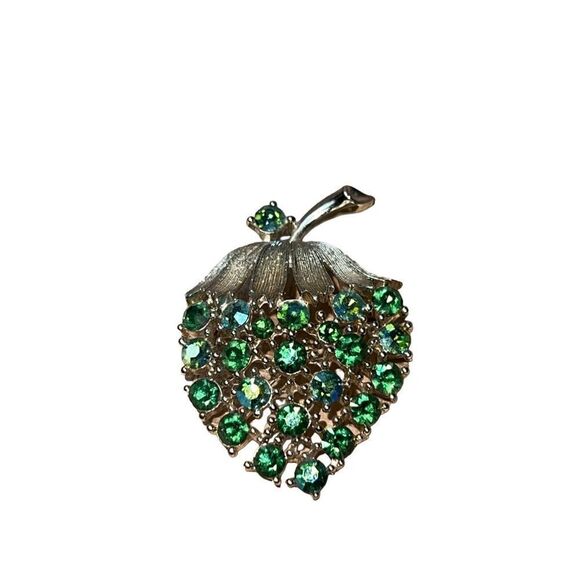 Vintage Lisner Green Blue AB Rhinestone Brooch Strawberry Signed - Picture 1 of 7